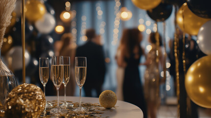 Elegant New Year's Eve party, people dressed in modern formal fashion, gold and silver decorations, champagne glasses