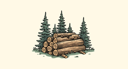 Vintage illustration of felled logs stacked in a serene forest clearing view