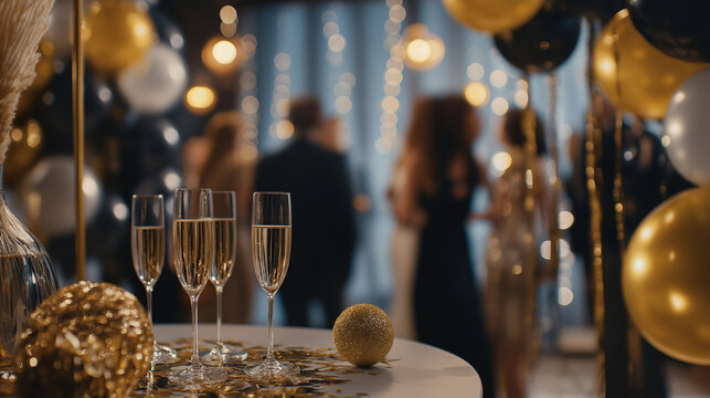 Elegant New Year's Eve party, people dressed in modern formal fashion, gold and silver decorations, champagne glasses