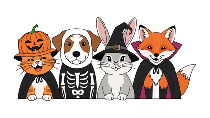 Halloween Ensemble: A charming quartet of dressed-up animals, exuding cuteness and seasonal fun, stands together, ready for a night of spooky festivities.