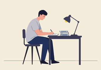 Studying in a cozy workspace home office minimalist style side view focused learning