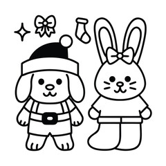 Christmas animal coloring page, Animal coloring page, winter animal coloring pages, black and white illustration, Animal Christmas line art