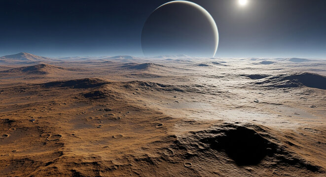 Alien planet landscape with a ringed celestial body in the sky