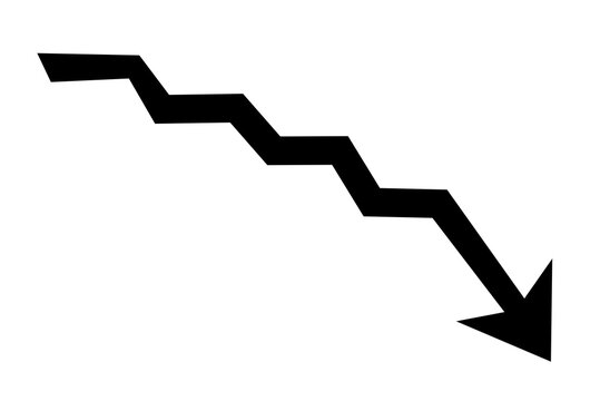 Black zigzag arrow pointing downward right for business decline, financial loss, infographic, and negative trend design