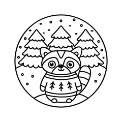 Christmas animal coloring page, Animal coloring page, winter animal coloring pages, black and white illustration, Animal Christmas line art