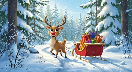 A reindeer pulling a sleigh filled with colorful gifts through a snowy forest.