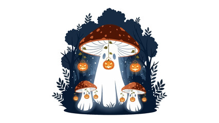Enchanting Halloween Mushroom Scene: Whimsical depiction of Halloween elements features adorable mushroom-shaped figures with friendly faces.