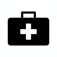 Obraz premium First aid kit or medical bag glyph icon. A black briefcase symbol with a white cross for emergency healthcare.