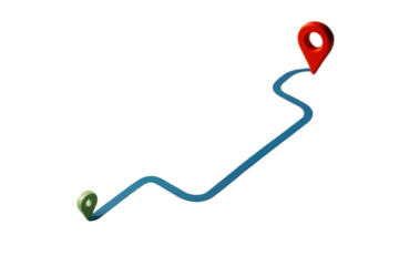 Winding blue path between green and red map pins in 3D style, isolated on white background, concept of transport route layout. Ai generative