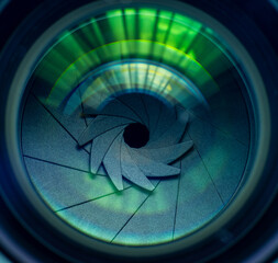 Macro close-up camera lenses and video camera lenses,Lens of a SLR camera close-up macro with sunbeams glare sun rays.