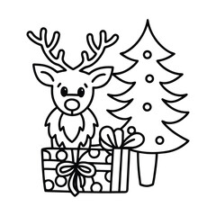 Christmas animal coloring page, Animal coloring page, winter animal coloring pages, black and white illustration, Animal Christmas line art