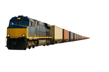 Freight cargo train with multiple containers isolated on white background, clean cutout style for abstract transport template concept. Ai generative