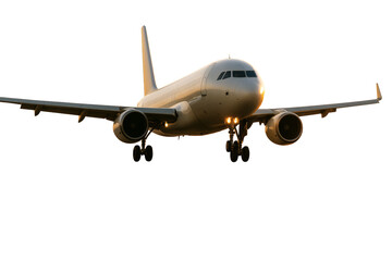 Fototapeta premium Passenger airplane flying with landing gear down, isolated style on white background, concept of travel transport element. Ai generative