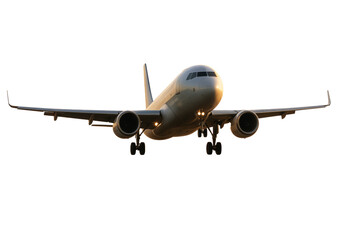 Obraz premium Front view of commercial airplane in flight with landing gear visible, isolated style on white background, concept of transport and aviation. Ai generative