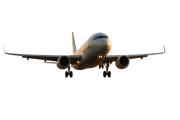 Front view of commercial airplane in flight with landing gear visible, isolated style on white background, concept of transport and aviation. Ai generative