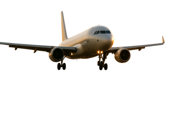 Passenger airplane flying with landing gear down, isolated style on white background, concept of travel transport element. Ai generative