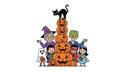 Enchanted Halloween Stack: A vibrant and festive illustration depicts a whimsical scene of children in costumes and a smiling witch.