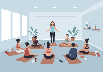 Yoga meditation session indoor calm environment group perspective mindfulness concept