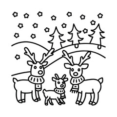 Christmas animal coloring page, Animal coloring page, winter animal coloring pages, black and white illustration, Animal Christmas line art