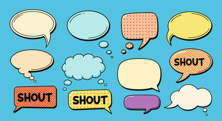 Fototapeta premium Speech bubbles communication dialogue chat talk conversation message text comic book cartoon graphic design illustration vector art shout expression idea thought cloud balloon frame banner label sign 