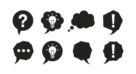 Speech bubbles question mark idea lightbulb thinking cloud exclamation point conversation communication dialogue message information symbol icon graphic design vector illustration talk discuss brainst