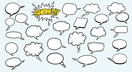 Fototapeta premium Speech bubbles comic dialog communication message conversation chat talk discussion announcement expression thought idea opinion statement remark comment note text quote saying cartoon vector graphic 