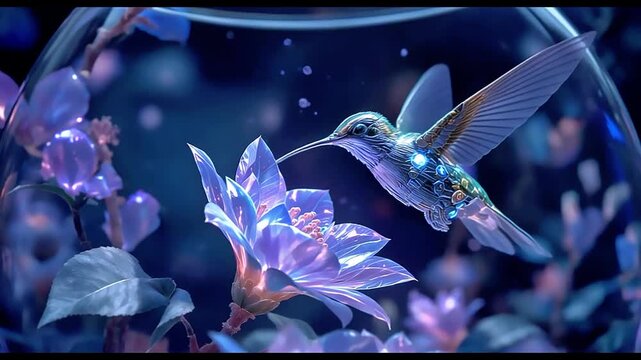 Magical hummingbird drinks nectar from glowing ethereal flower