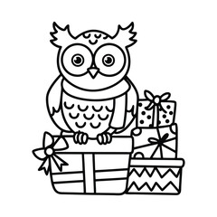 Christmas animal coloring page, Animal coloring page, winter animal coloring pages, black and white illustration, Animal Christmas line art