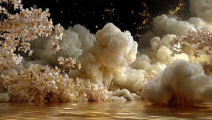 Whimsical dreamscape featuring creamy cloudscapes, delicate off-white blossoms reflected in a golden pool, set against a dark, starry backdrop