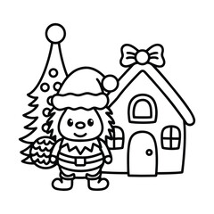 Christmas animal coloring page, Animal coloring page, winter animal coloring pages, black and white illustration, Animal Christmas line art