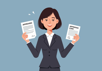 Loan approval process businesswoman celebrating success in financial services professional environment positive energy