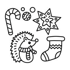 Christmas animal coloring page, Animal coloring page, winter animal coloring pages, black and white illustration, Animal Christmas line art