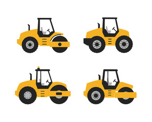 Collection of four yellow steamrollers and compactor vehicles seen from a side view on a white background