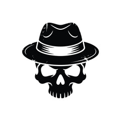 Skull wearing a fedora hat in black and white