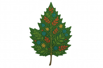 Decorative folk art leaf with colorful floral ornaments, detailed illustration on transparent background