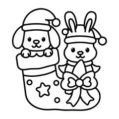 Christmas animal coloring page, Animal coloring page, winter animal coloring pages, black and white illustration, Animal Christmas line art