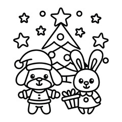 Christmas animal coloring page, Animal coloring page, winter animal coloring pages, black and white illustration, Animal Christmas line art