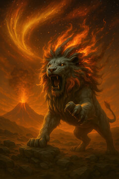 Powerful flaming lion spirit animal roaring in a fiery volcanic landscape surrounded by swirling embers and glowing energy symbolizing courage strength protection instinct and inner power