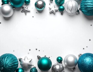 Christmas ornaments border on white background