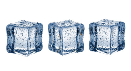 Three distinct, separate, perfectly clear, crystalline ice cubes with subtle blueish tint and realistic water droplets, against a bright white background with copy space, no shadows, concept for