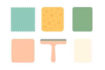 Collection of various household cleaning tools and supplies including sponges, cloths, and a squeegee in a minimalist flat design style