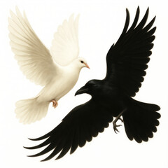 Obraz premium White dove and black raven flying together symbolizing peace and conflict isolated on white background with detailed wings