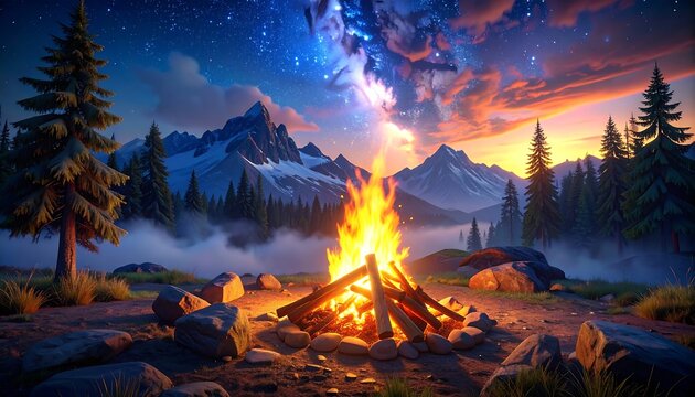 Campfire under starry night sky in a mountain landscape - Powered by Adobe