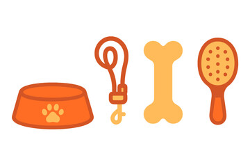 Various pet care accessories and supplies for domestic animals including a food bowl, leash, bone, and grooming brush