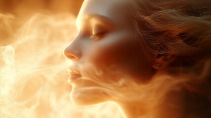 Mystical Womans Face Surrounded by Golden Ethereal Smoke. - Powered by Adobe