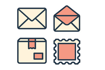 Essential mail and post office communication icons featuring envelopes, a shipping package, and a postage stamp