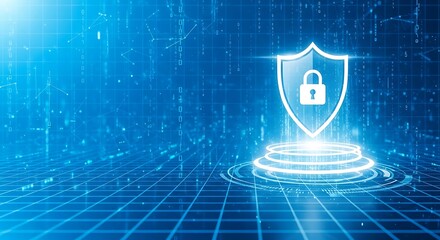 Glowing digital shield with padlock symbol representing cybersecurity and data protection