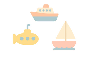 Stylized collection of water transportation vehicles: submarine, sailboat, passenger ship for marine travel and adventure