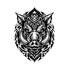 Vector art of intricate black and white boar head with ornate designs