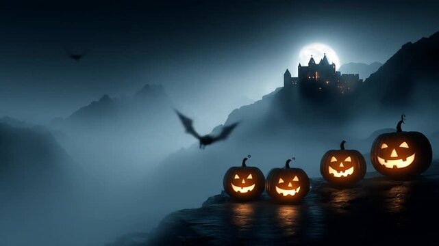 Halloween night scene with pumpkins, bats, castle and bright full moon, misty